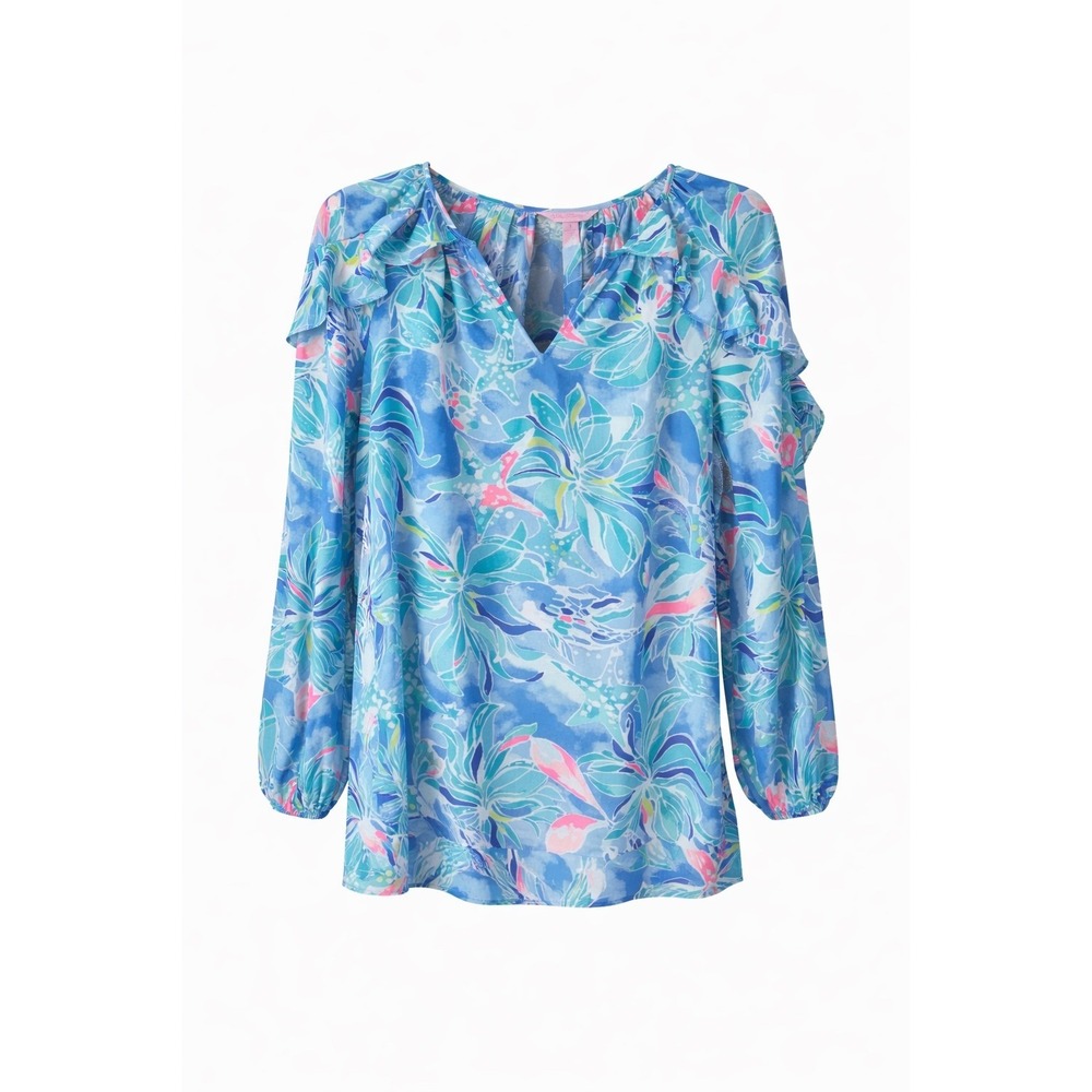 Lilly Pulitzer Elora Top Small Celestial Seas Blue Ruffle Sleeve Blouse
